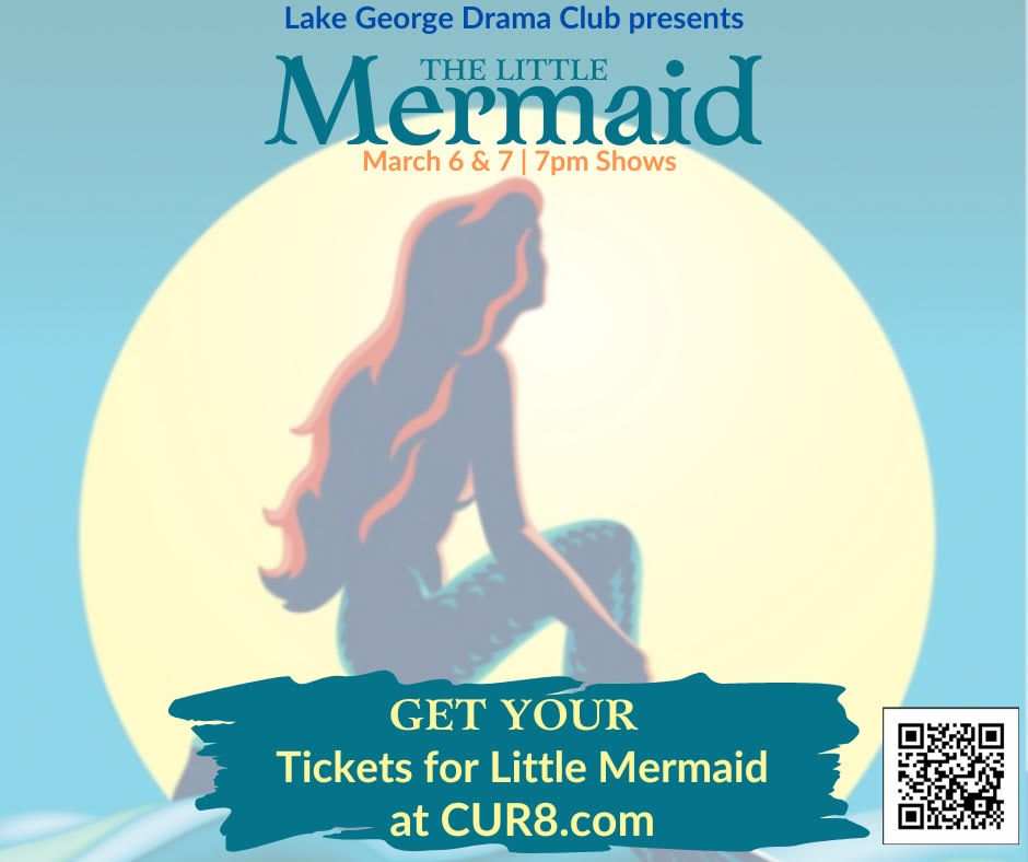 little mermaid in front of a moon with musical information