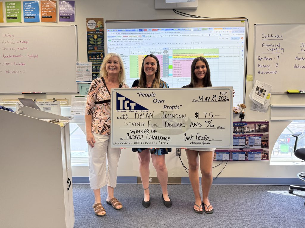Three women holding a large check with the amount of $75 on it