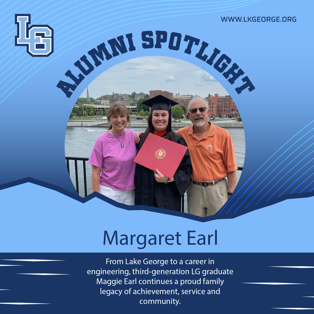 Blue alumni spotlight with 3 people standing and smiling for the camera, one is holding a diploma from RPI